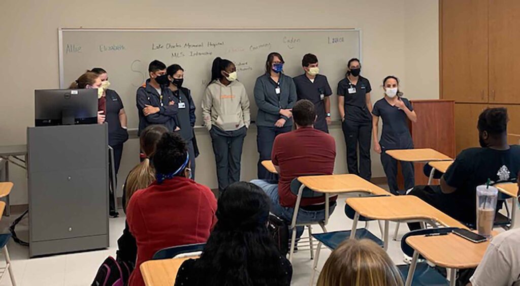 McNeese medical laboratory science interns share their experience with junior-level students. Danielle Richard, a 2015 McNeese graduate and medical laboratory science program director for Lake Charles Memorial Hospital, explains what to expect during an internship.