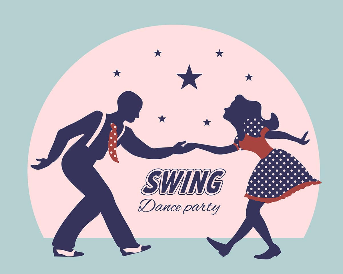 Swing dance couple silhouette with stars and circle on background. 1940s and 1930s style. Woman in dress with dots and man with suspenders and tie. Flat vector illustration.