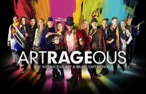 The members of Artrageous stand in front of a colorful background