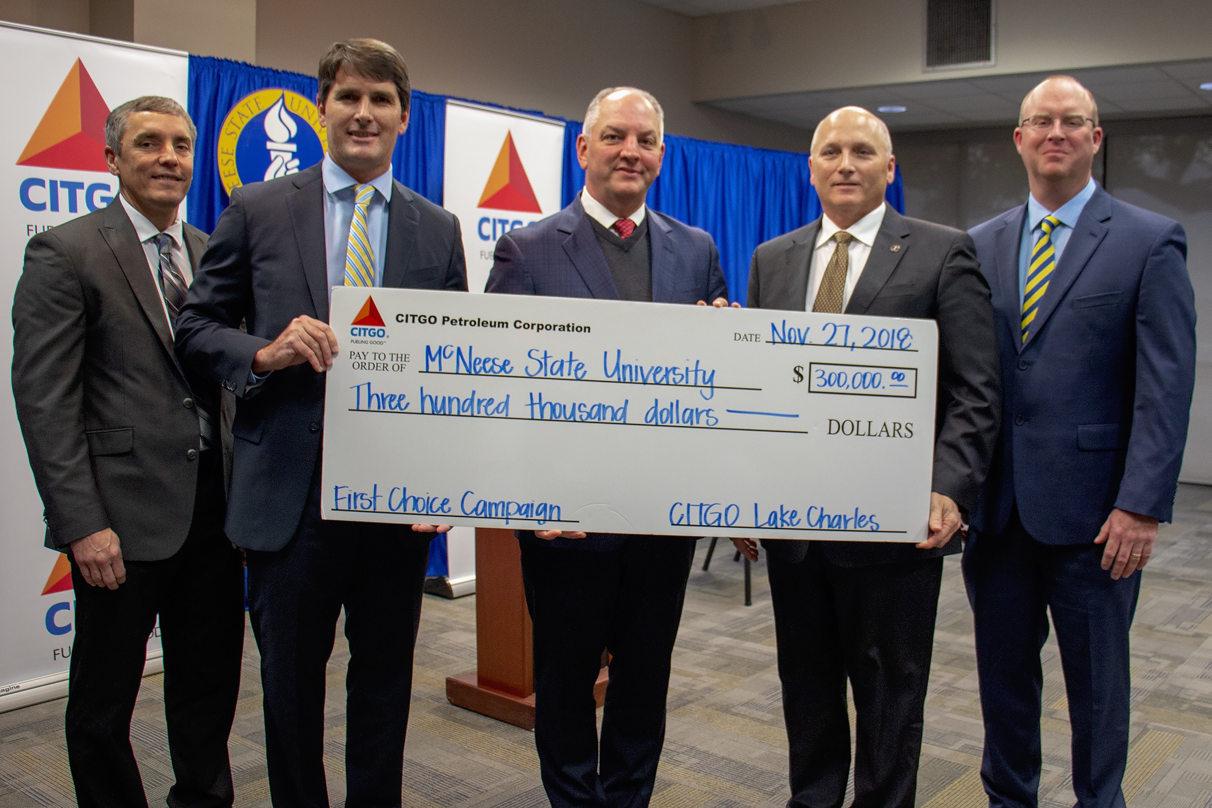 Check presentation with: Marshall Watkins, CITGO general manager operations and maintenance, Jerry Dunn, CITGO vice president and general manager, Gov. John Bel Edwards, McNeese President Dr. Daryl Burckel and Ryan Vining, CITGO general manager engineering and technical services.