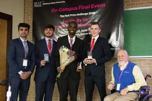 Nischal Aryal, Hult Prize on Campus student director, team Bike It winners Jacob Eccles, Torrey Byrd and Brian Flanagan, and Richard Reid, vice president for university advancement and executive vice president of the McNeese Foundation.