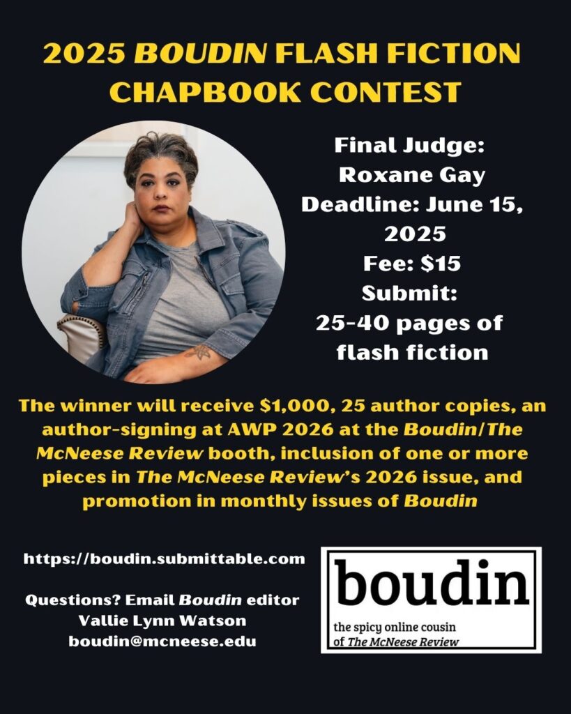 Flyer giving the contest details that are explained below in the text. Also includes an image of Roxane Gay