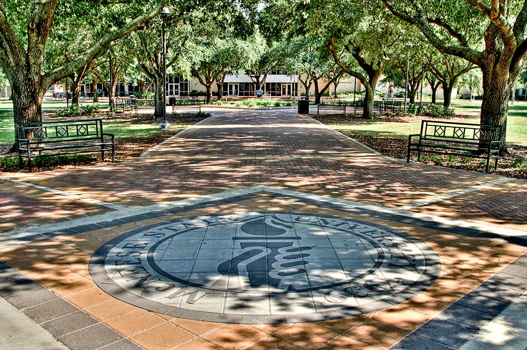 footer-background McNeese Seal under oak trees