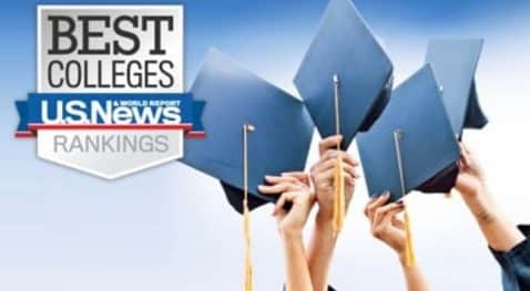 Four graduation hats with a badge recognizing U.S. News Best Colleges.