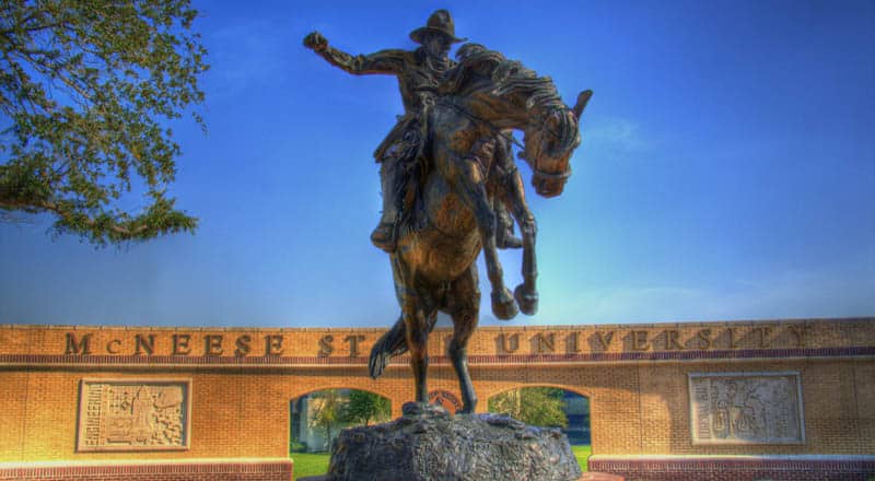 horse and rider statue in front of McNeese plaza.