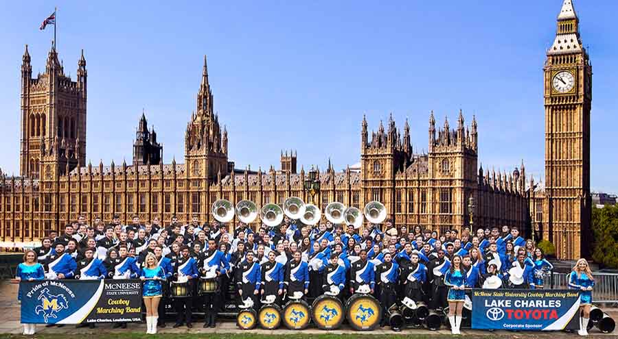 McNeese Band stands in front of Big Ben and Parliament in London.