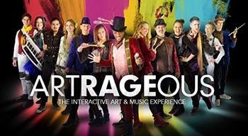 The members of Artrageous stand in front of a colorful background