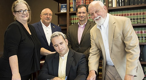 Wanda N. Borel, Lee Berwick Foundation representative; Dr. Mitchell Adrian, McNeese provost and vice president for academic affairs and enrollment management; Dr. Chip LeMieux, school director and associate dean of the College of Science and Agriculture; and Richard Reid, vice president for university advancement and executive vice president of the McNeese Foundation; and seated, Edwin Ford Hunter III, Lee Berwick Foundation representative.