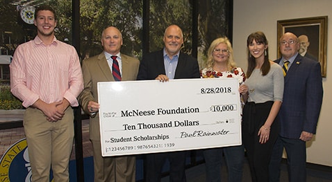 Spencer Jackson, engineering senior, Dr. Daryl Burckel, McNeese president, Rainwater, Stacy Lyons, elementary education and visual arts senior, Chloe Pugliese, elementary education junior, and Dr. Mitchell Adrian, McNeese provost and vice president for academic affairs and enrollment management.