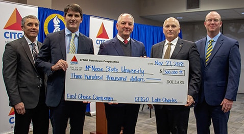 Check presentation with: Marshall Watkins, CITGO general manager operations and maintenance, Jerry Dunn, CITGO vice president and general manager, Gov. John Bel Edwards, McNeese President Dr. Daryl Burckel and Ryan Vining, CITGO general manager engineering and technical services.