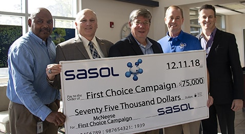 Marcus Boutte, Sasol senior manager of supply chain, McNeese President Dr. Daryl V. Burckel, Paul Hippman, Sasol vice president of operations, East Plant, Tom Tyree, Sasol senior manager of engineering and controls, and Pete Symons, Sasol manager of corporate affairs