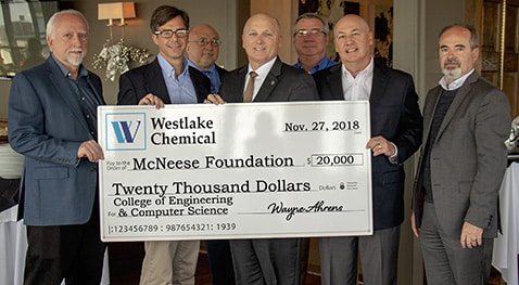 Foundation.Westlake Chemical donation.crop Wayne Ahrens, Westlake Chemical vice president, Operations Region 1; Curtis Brescher, Westlake Chemical plant manager, North and South Plants; Dr. Mitchell Adrian, McNeese provost and vice president for academic affairs and enrollment management; McNeese President Dr. Daryl Burckel; Steve Jones, Westlake Chemical human resource manager, Region 1; Joe Andrepont, Westlake Chemical principal, community and governmental affairs; and Dr. Nikos Kiritsis, college dean.