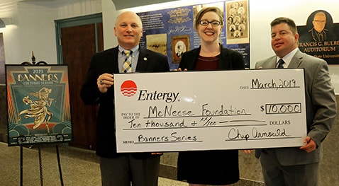 Banners.Entergy donation.3.19.crop McNeese President Dr. Daryl Burckel, Brook Hanemann, Banners director, and Chip Arnould, Entergy senior region manager