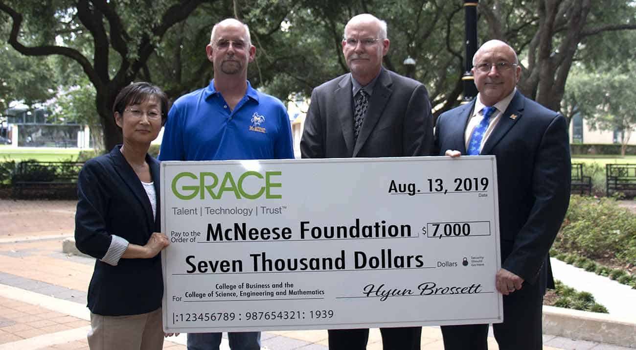 Hyun Brossett, Grace facility plant manager; Greg Hasenbein, Grace logistics and inventory manager; Dr. Tim Hall, dean of the College of Science, Engineering and Mathematics; and Dr. Mitchell Adrian, McNeese provost and vice president for academic affairs and enrollment management.