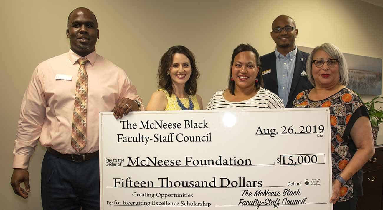 Kedrick Nicholas, dean of students, Jennifer Leger, planned giving and donor research specialist with the foundation, Robin Semien, assistant registrar, Ryan Preatto, director of student activities and cultural engagement and Janise Lewis, accounting specialist 2. McNeese Photo