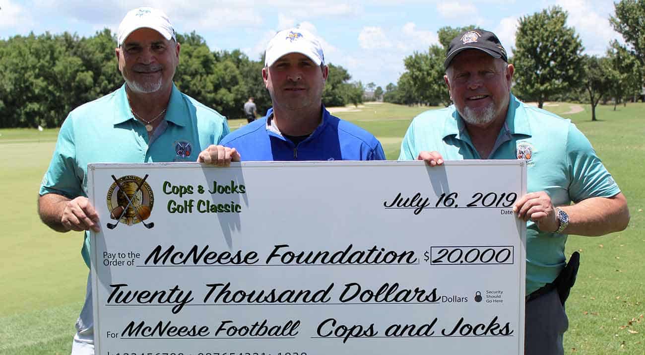 Alan Heisser, Cops and Jocks; Sterlin Gilbert, football head coach; and retired Lake Charles Police Chief Don Dixon, Cops and Jocks. McNeese Photo