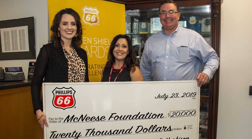 On hand for the presentation are from left: Jennifer Leger, gift planning and donor research specialist for the McNeese Foundation; Megan Hartman, Phillips 66 public relations director; and Richard G. Harbison, Phillips 66 plant manager. McNeese Photo