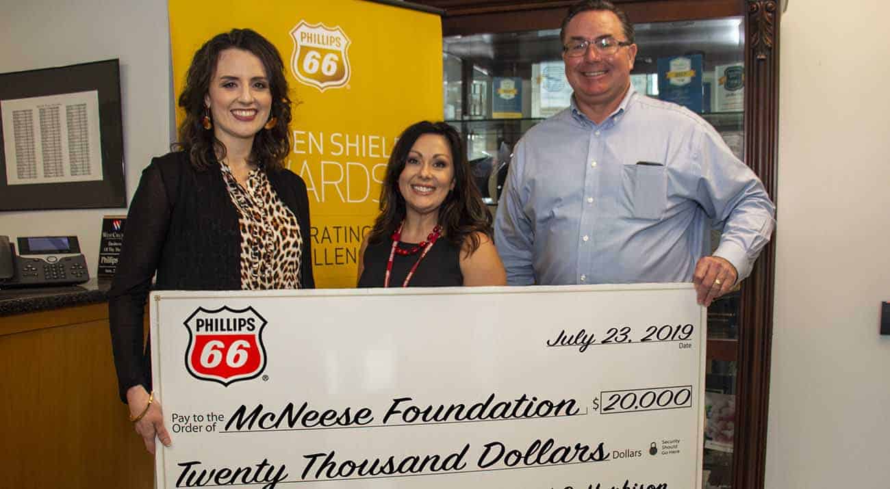 Foundation.Phillips 66 donation.7.19.crop On hand for the presentation are from left: Jennifer Leger, gift planning and donor research specialist for the McNeese Foundation; Megan Hartman, Phillips 66 public relations director; and Richard G. Harbison, Phillips 66 plant manager. McNeese Photo