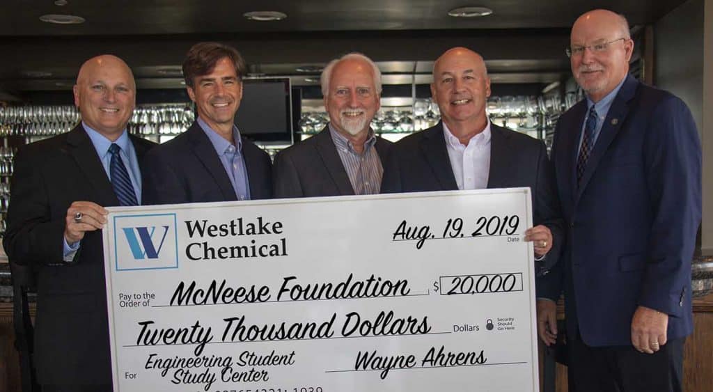 On hand for the donation are, from left: Dr. Daryl Burckel, McNeese president, Curtis Brescher, Westlake Chemical north and south plants manager, Wayne Ahrens, Region 1 vice president for Westlake Chemical and executive vice president for Lotte Chemical, Joe Andrepont, Westlake Chemical community and governmental affairs principal, and Dr. Tim Hall, college dean. McNeese Photo