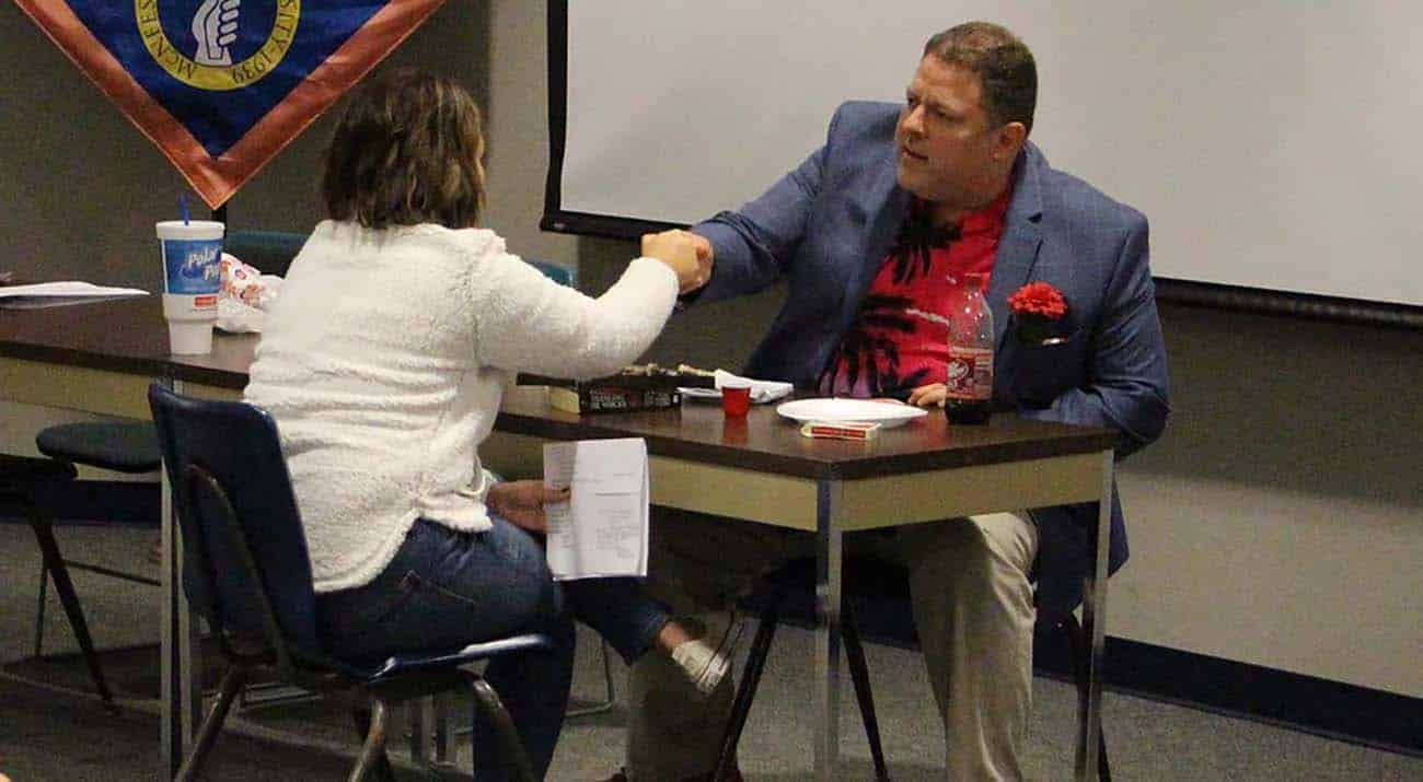 Faculty and community members volunteer to be interviewed by health care students for the Interprofessional Education Clinic.