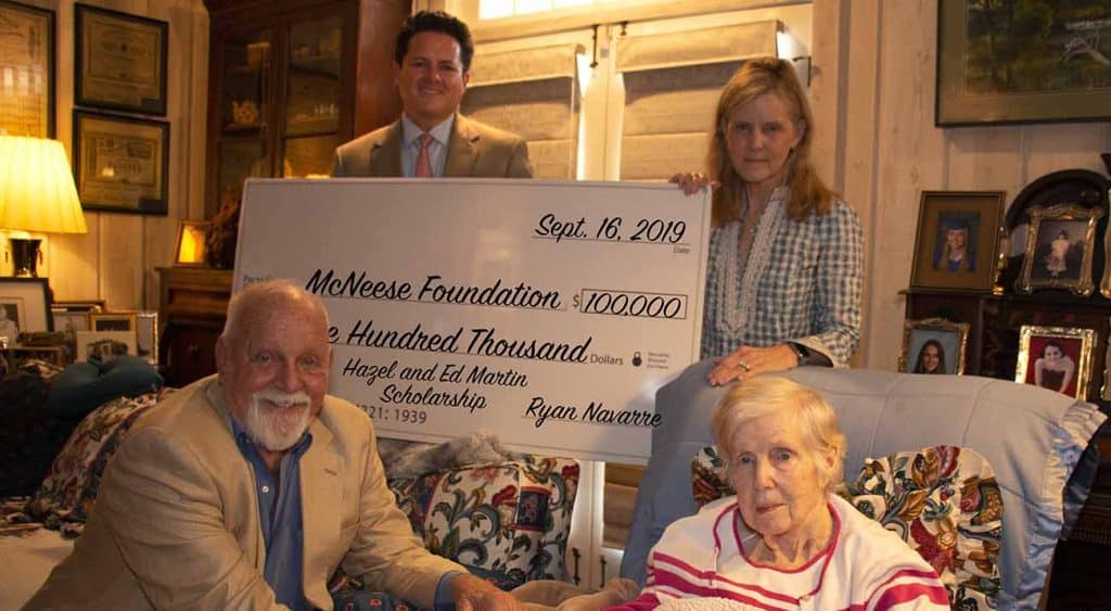 On hand for the donation are from left, Ryan Navarre, dealer for Billy Navarre Automotive, Richard H. Reid, vice president for university advancement and executive vice president for the McNeese Foundation, Hazel Martin and Kay Martin McNutt, of Martin Automotive Group.