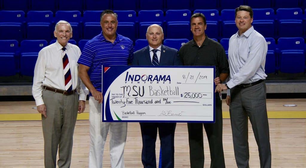 On hand for the presentation were, from left, Bruce Hemphill, McNeese Athletics Director, Heath Schroyer, McNeese Head Men’s Basketball Coach, Dr. Daryl Burckel, McNeese President, Tony Barre, Indorama Ventures Senior Site Director, and John Smith, Indorama Ventures Vice President Operations.