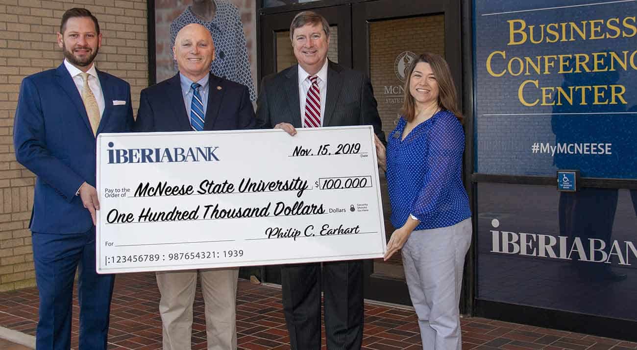 Steven Perez, IBERIABANK vice president/commercial relationship manager, Dr. Daryl Burckel, McNeese State University president, Philip Earhart, IBERIABANK Southwest Louisiana president, and Janet Melton, IBERIABANK retail support specialist.