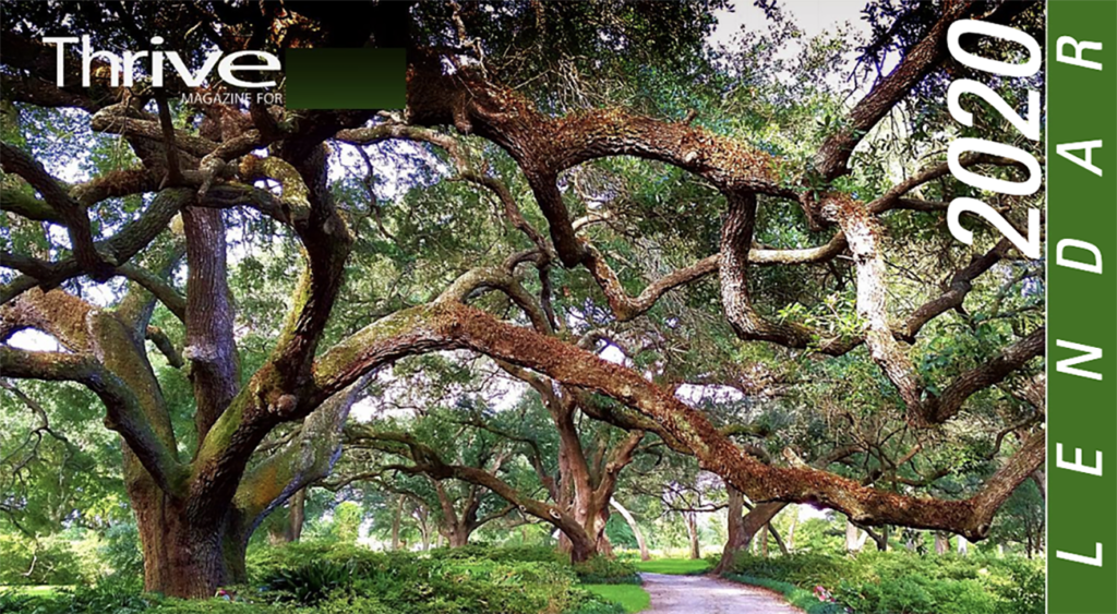 Large oak trees cover the front of the Thrive 2020 calendar