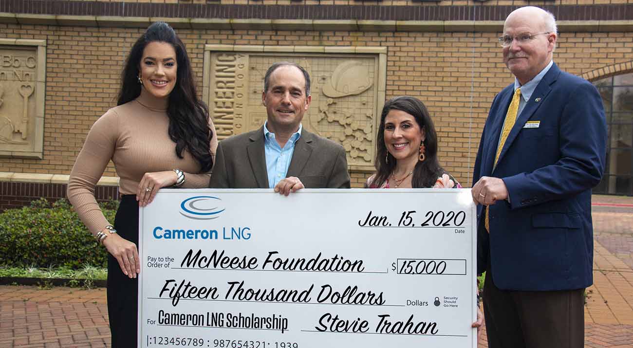 On hand for the presentation are (left to right) Kayla Power, Cameron LNG Human Resources Representative, Stevie Trahan, Cameron LNG External Relations Manager, Cheryl Smith, Account Specialist for the McNeese Foundation, and Dr. Tim Hall, Dean of the College of Science, Engineering and Mathematics.