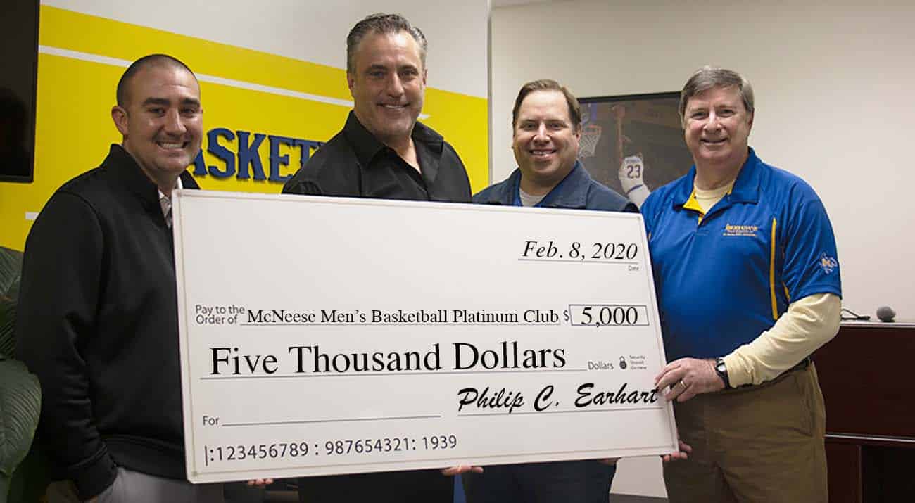 Left to right: Tanner Stines, Interim McNeese Athletics Director, Heath Schroyer, McNeese Men's Basketball Head Coach, Jason Martinez, IBERIABANK Retail Market Manager and Commercial Relationship Manager, and Phil Earhart, IBERIABANK Southwest Louisiana Market President.