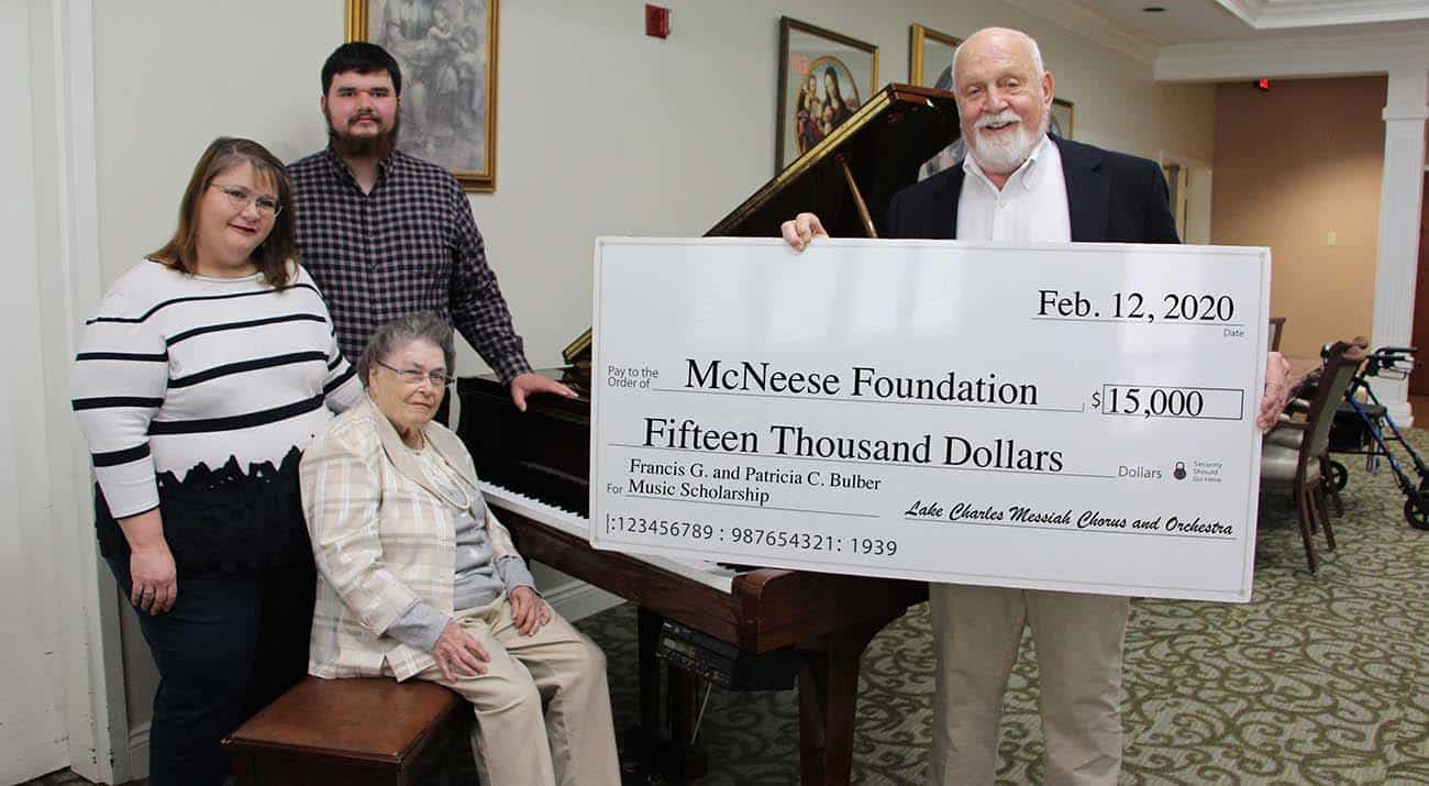 On hand for the presentation are from left Collette Bulber Tanner, Aaron Tanner, grandson of the Bulbers, Patricia Bulber and Richard H. Reid, Vice President for University Advancement and Executive Vice President for the McNeese Foundation.