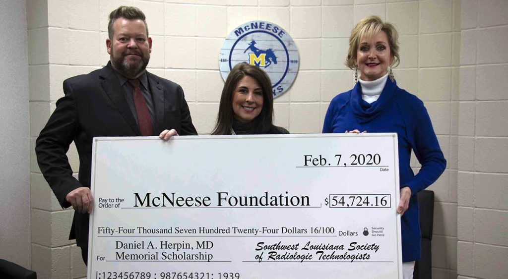 On hand for the presentation are from left: Greg Bradley, head of the McNeese Department of Radiologic and Medical Laboratory Sciences, Cheryl Smith, McNeese Foundation accounts specialist, and Susie Beasley, assistant professor of radiologic sciences and Herpin Scholarship chair.