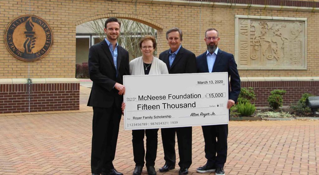 On hand for the presentation are, from left, Michael Royer (2014), Pam Holloway Royer (1982), Royer and Dr. Lonny Benoit, head of the W.A. and Dorothy Hanna Department of Performing Arts.