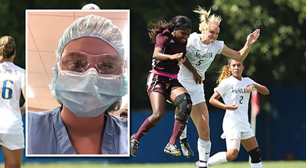 A photo of Nikki Schaaf in PPE gear on top of an action shot her Nikki playing soccer.