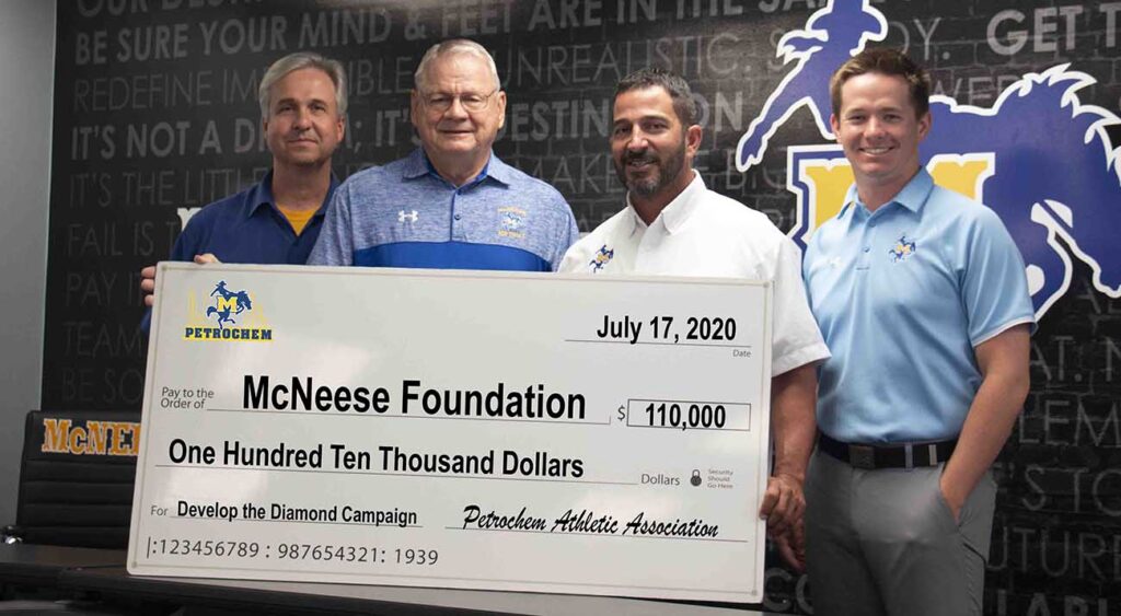 The Petrochem Athletic Association has pledged $110,000 over three years to the Develop the Diamond Campaign. (L-R) Dr. Wade Rousse, vice president for university advancement and dean of the college of business; John Bruney, president of the Petrochem Athletic Association; James Landreneau, head softball coach; and Kason Kimbrell, assistant athletics director for development and fundraising.