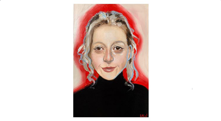 pandemic.web Belle - Quarantine Portrait #39, a portrait of a woman in a black shirt, oil paint on paper, by Lindsey Johnson.