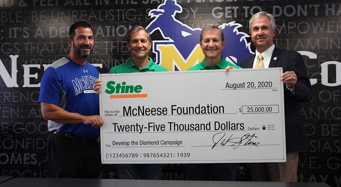 On hand for the donation are from left, James Landreneau, McNeese head softball coach, Dennis Stine, Stine CEO, David Stine, Stine vice president of marketing and merchandising, and Dr. Wade Rousse, McNeese vice president for university advancement and dean of the college of business.