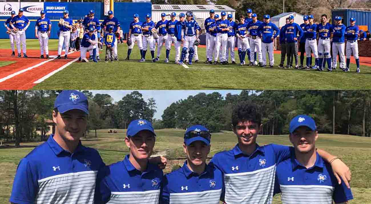 The McNeese baseball team lines up for the national anthem. Five members of the men's golf team gather around for a photo.