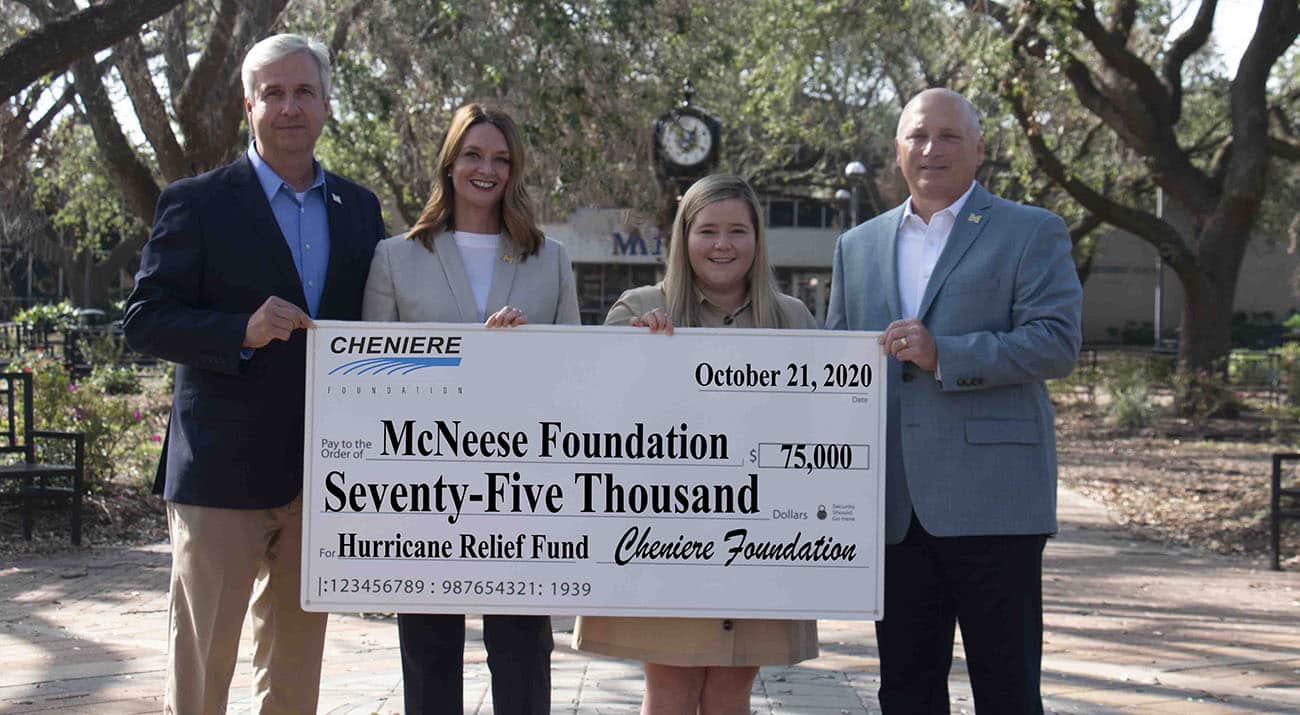 On hand for the presentation are, from left, Dr. Wade Rousse, vice president for university advancement and dean of the college of business, Amy Miller, Cheniere Energy Inc., local government and community affairs, Laura Ferrell, Cheniere Energy Inc., senior representative, government and public affairs, and Dr. Daryl Burckel, McNeese president. McNeese Photo