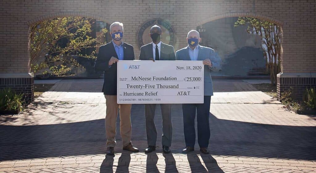 On hand for the presentation are, from left, Dr. Wade Rousse, Vice President for University Advancement and Dean of the College of Business, Levar W. Greenhouse, Regional Director AT&T Louisiana, and Dr. Daryl Burckel, McNeese President.