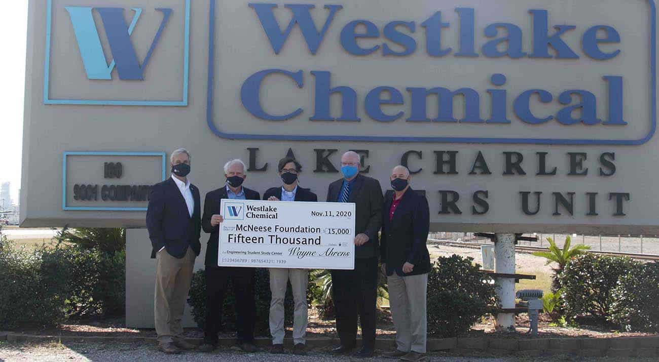 On hand for the presentation are, from left: Dr. Wade Rousse, vice president for university advancement and dean of the college of business; Wayne Ahrens, Westlake Chemical vice president, Operations Region 1; Curtis Brescher, Westlake Chemical plant manager; Dr. Tim Hall, college dean; and Joe Andrepont, Westlake Chemical principal, community and governmental affairs.