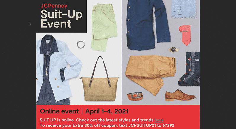 Women's and Men's apparel advertise the Suit Up event.