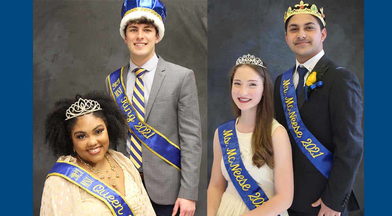 Amberly Thompson, Tristan Baggett, Amelia Landreneau and Hasan Mir appear with crowns and sashes as Cowboy Court royalty.