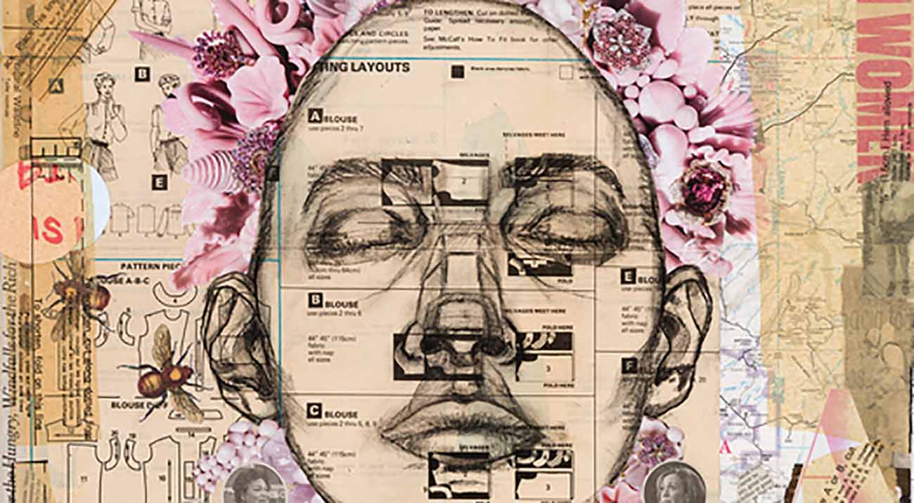 A face with closed eyes surrounded by abstract objects.