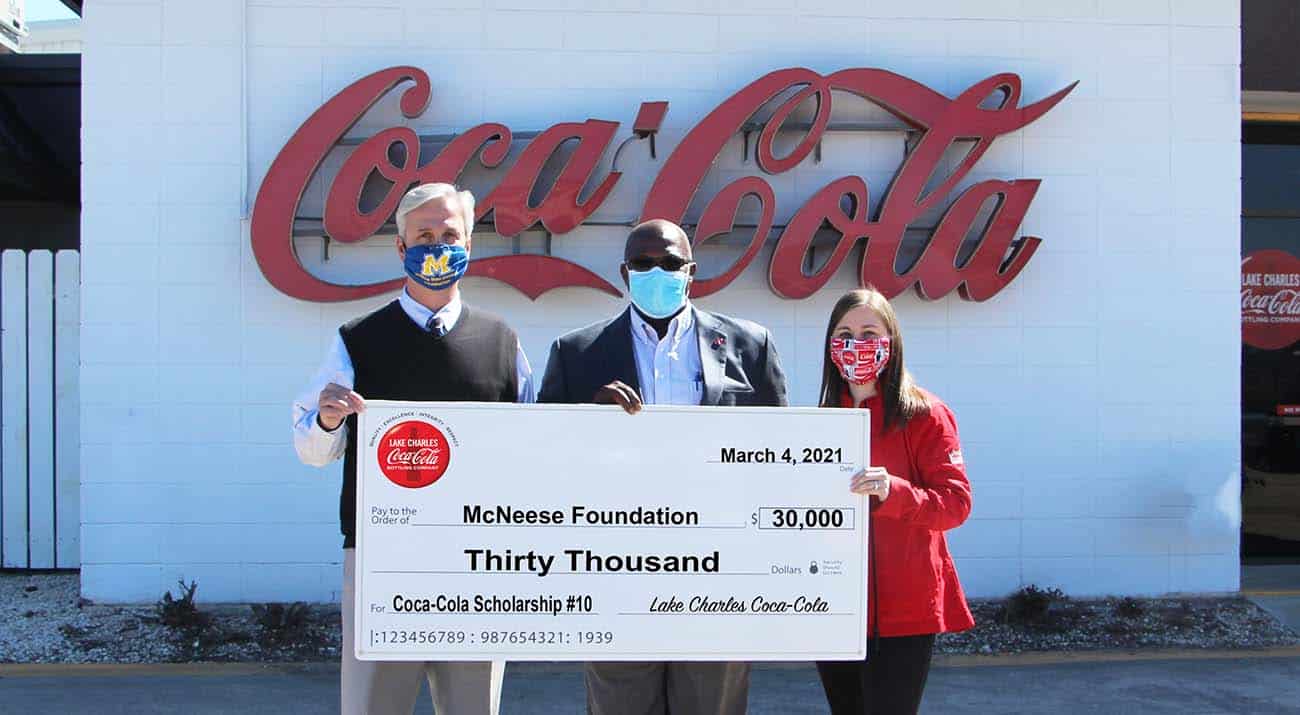 On hand for the presentation are from left: Dr. Wade Rousse, McNeese Vice President for University Advancement and Dean of the College of Business; Ken Francis, Sales Center Manager for Lake Charles Coca-Cola; and Kaeleigh Murray, On-Premise Manager for Lake Charles Coca-Cola.