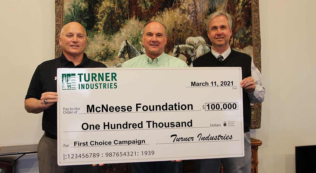 From left, Dr. Daryl Burckel, McNeese President, Gregory P. Thibodeaux, Turner Industries Business Development Manager, and Dr. Wade Rousse, McNeese Vice President for University Advancement and Dean of the College of Business.