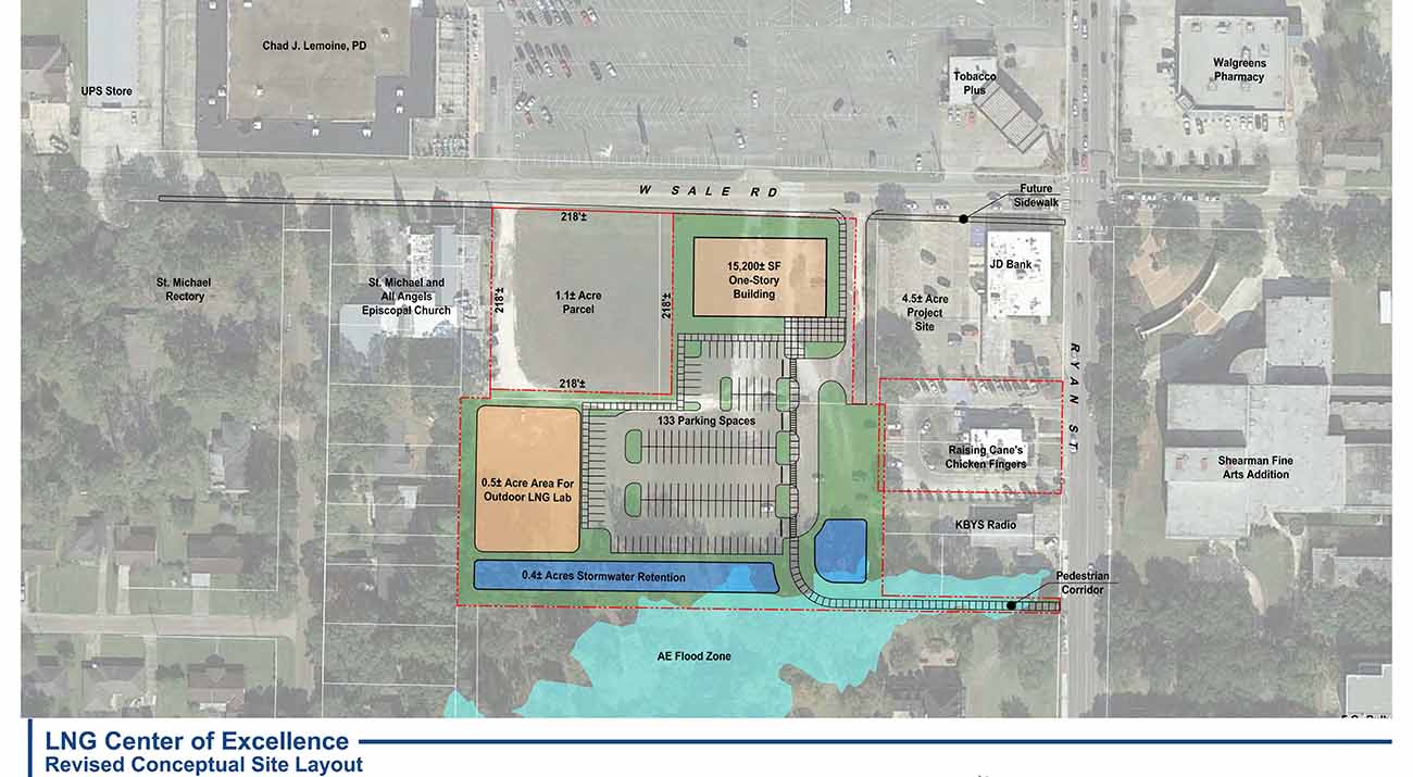 A satellite view map shows the McNeese property to house the LNG Center of Excellence.