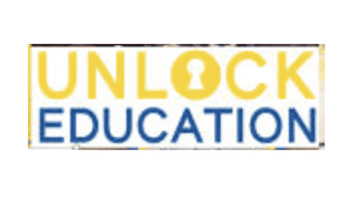 A blue and gold text image makes a logo for Unlock Education