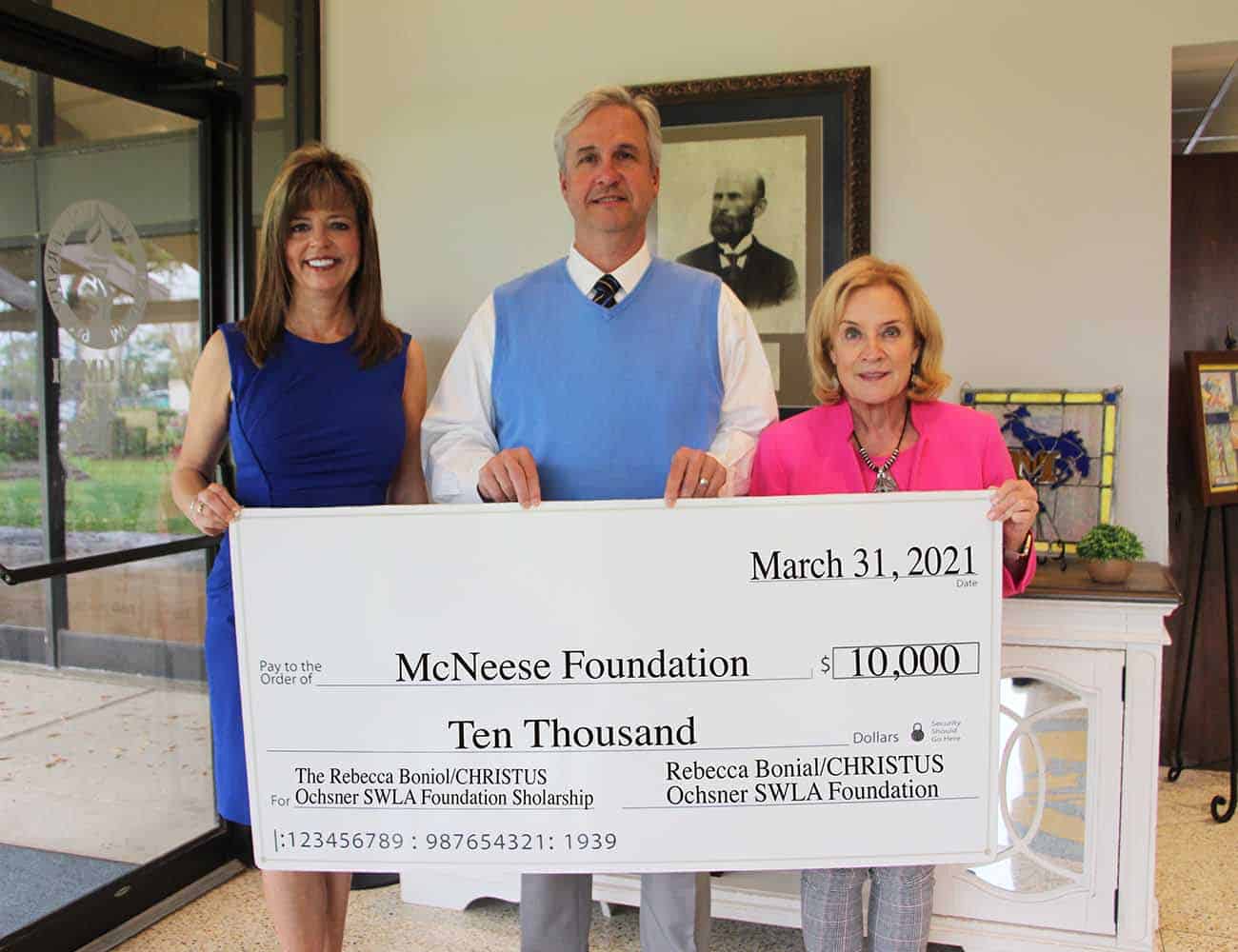 On hand for the donation are, from left, Rebecca F. Boniol, Dr. Wade Rousse, McNeese vice president for university advancement and dean of the college of business, and Kay C. Barnett, CFRE, executive director of development for the CHRISTUS Ochsner Foundation.