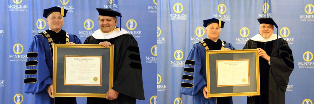 McNeese State University President Dr. Daryl V. Burckel, left, presented Louisiana Commissioner of Conservation Richard P. Ieyoub with an honorary Doctor of Humane Letters degree during McNeese’s spring commencement ceremony Saturday, May 15, at Burton Coliseum. CUTLINE Rainwater: McNeese State University President Dr. Daryl V. Burckel, left, presented natural disaster management expert and retired U.S. Army Colonel Paul Rainwater with an honorary Doctor of Humane Letters degree during McNeese’s spring commencement ceremony Friday, May 14, at Burton Coliseum.